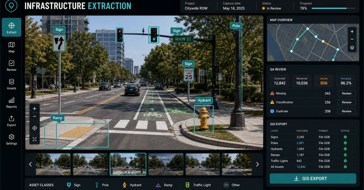 Infrastructure extraction proof showing map-linked assets, QA status, source imagery, and GIS-ready delivery fields.